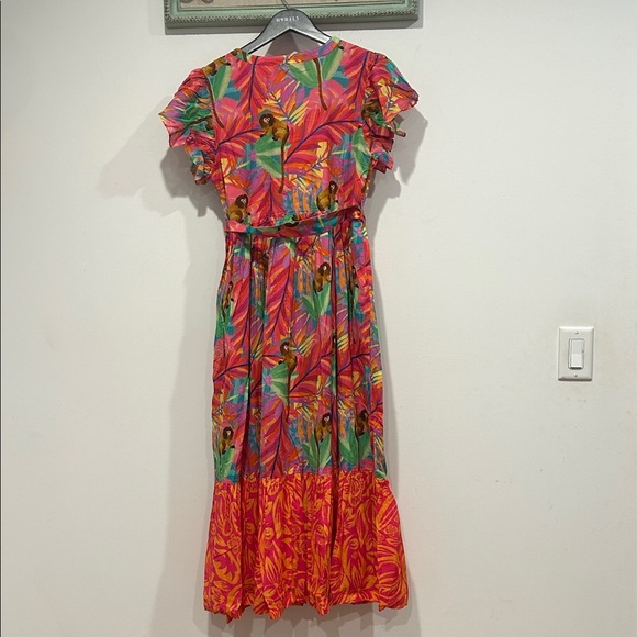 Briton Court Tropical Floral Monkey Ruffle Dress Cap Sleeve Maxi Dress medium - Picture 7 of 8